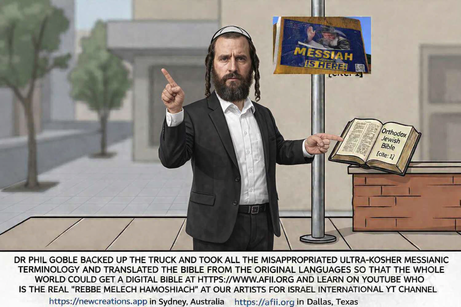 Hasid with sign and OJB Bible